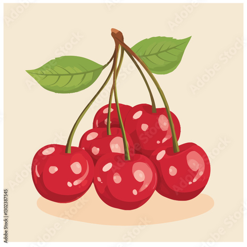 A flat 2D vector of a set of cherries with stems and leaves.