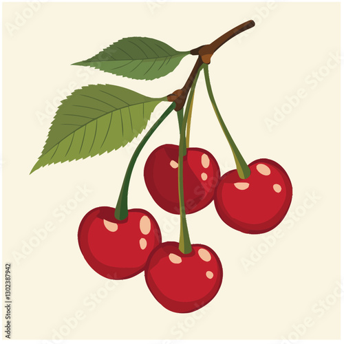 A flat 2D vector of a set of cherries with stems and leaves.