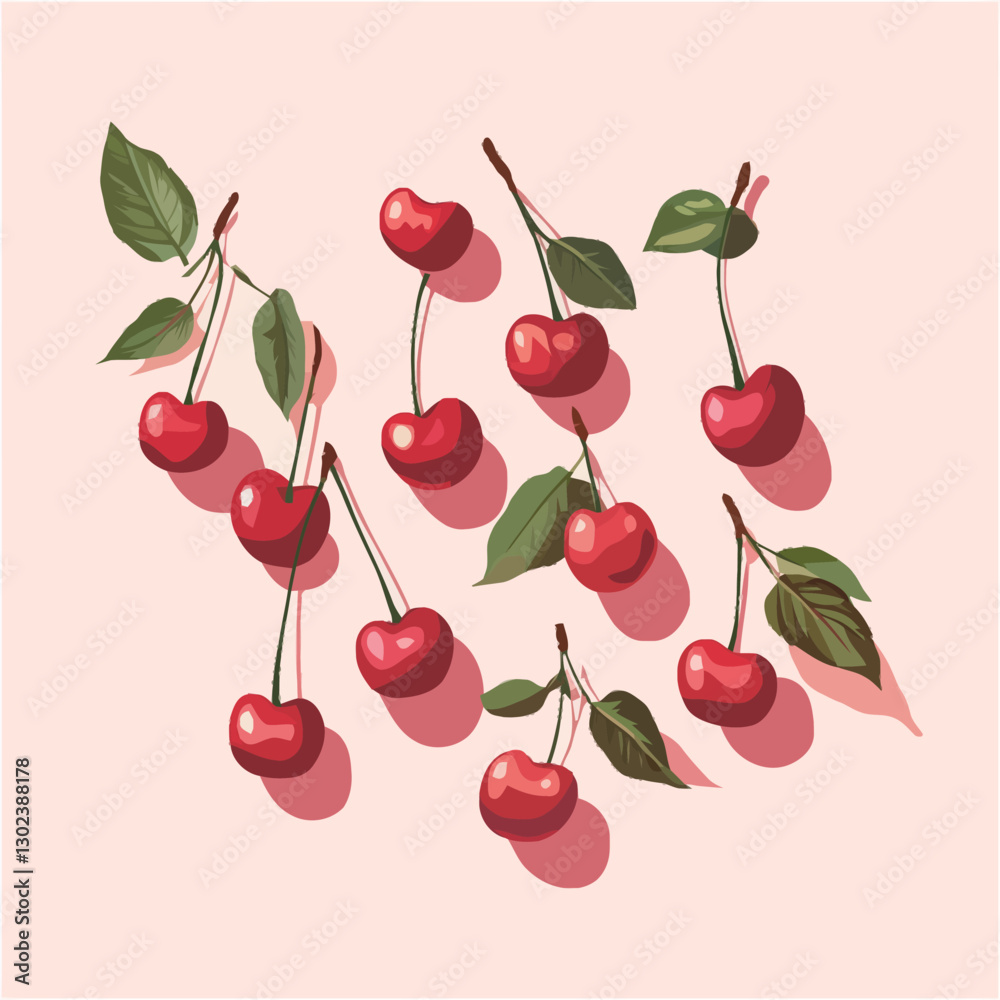 A flat 2D vector of a set of cherries with stems and leaves. A flat 2D vector of a set of cherries with stems and leaves.