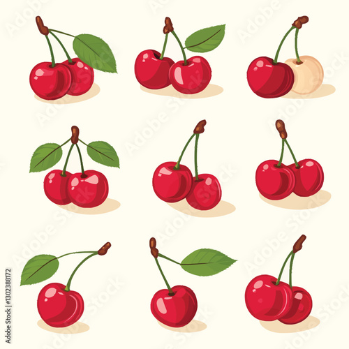 A flat 2D vector of a set of cherries with stems and leaves.