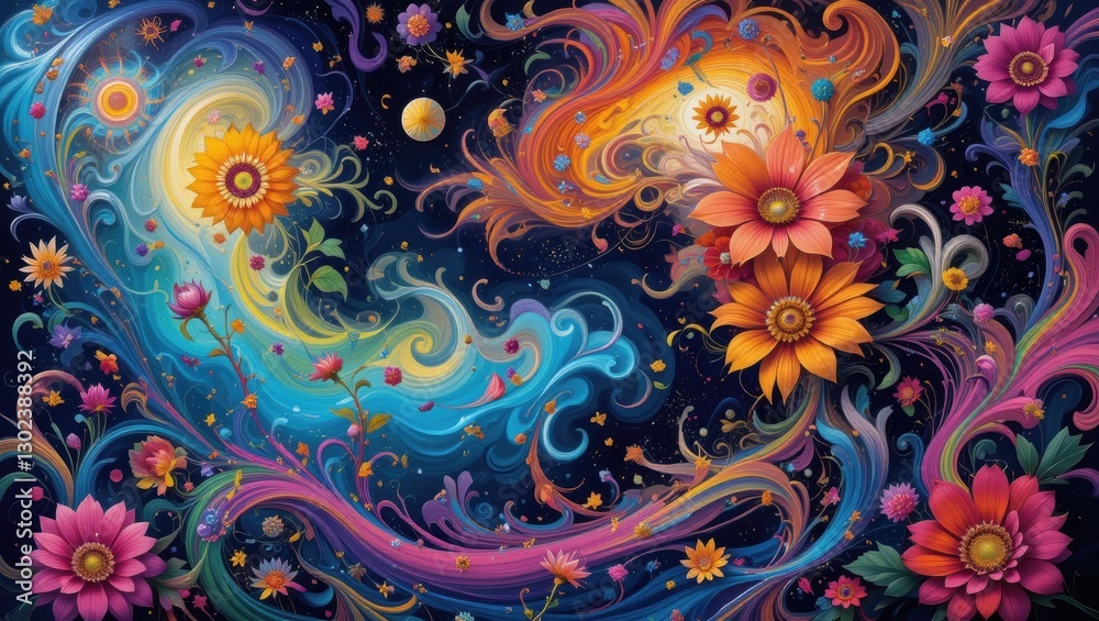 Vibrant Abstract Floral Swirls with Cosmic Elements and Bright Colors in a Fantasy Design Vibrant Abstract Floral Swirls with Cosmic Elements and Bright Colors in a Fantasy Design