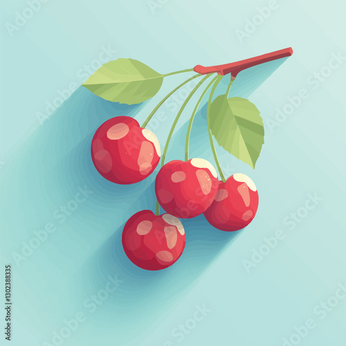 A flat 2D vector of a set of cherries with stems and leaves.