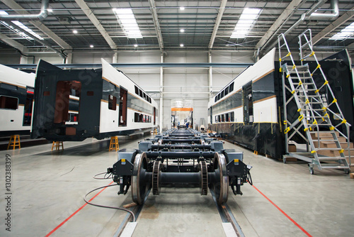 Carts wheel sets near wagons in the assembly shop. No AI tools