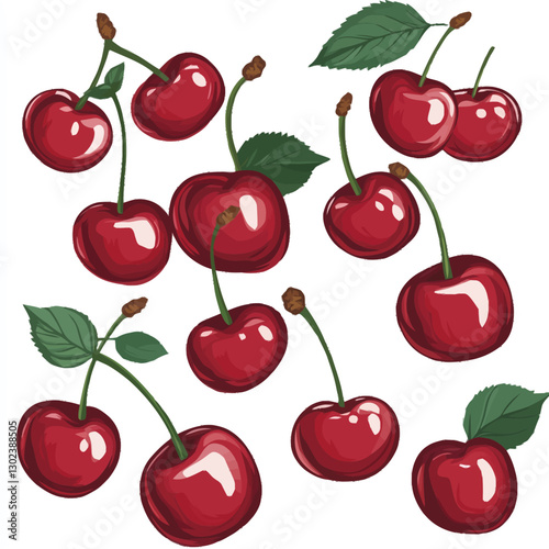 A flat 2D vector of a set of cherries with stems and leaves.