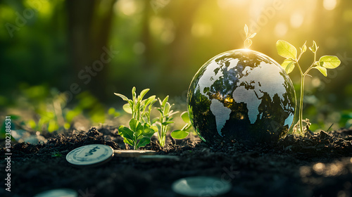 Sustainable Investments, Nurturing Global Growth with Emerging Seedlings and a World Globe, symbolizing eco-friendly financial strategies for a greener future