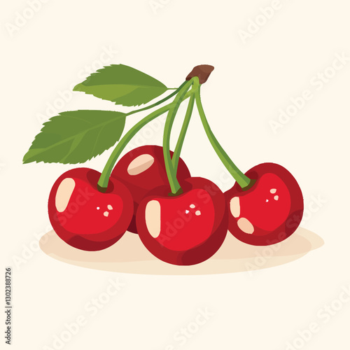 A flat 2D vector of a set of cherries with stems and leaves.
