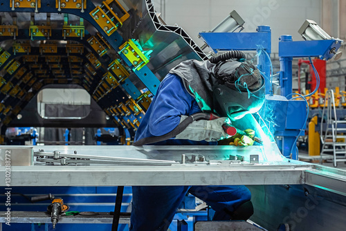 Welder working with electrode at semi automatic arc welding in manufacturing production plant. Plasma welding. No AI tools