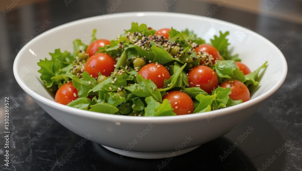 Fresh Garden Salad With Cherry Tomatoes And Mixed Greens Served In A White Bowl Fresh Garden Salad With Cherry Tomatoes And Mixed Greens Served In A White Bowl