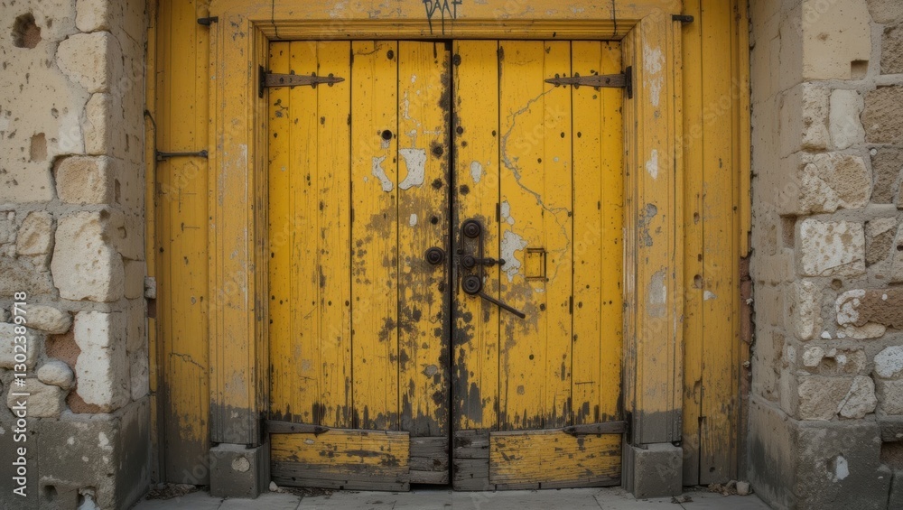 Weathered Yellow Double Doors with Rusty Hardware Set Against a Weathered Stone Wall Weathered Yellow Double Doors with Rusty Hardware Set Against a Weathered Stone Wall