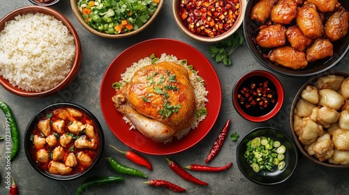 A vibrant red plate showcases a succulent, golden-brown roasted chicken resting atop fluffy white rice, inviting the senses to indulge in its flavorful presentation photo