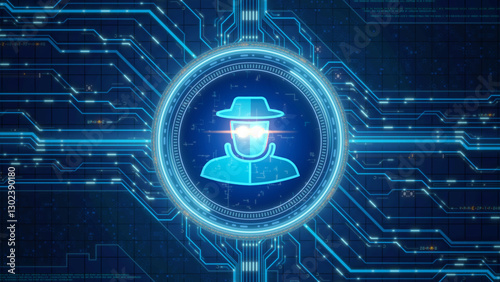 Illustration of a digital hacker with circuit patterns in the background, symbolizing cybersecurity and technology.