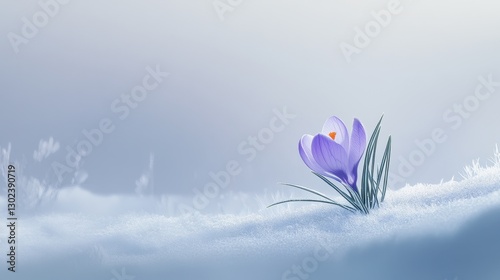 In a serene winter wonderland, a delicate crocus flower, its vibrant purple petals emerging from the frost-laden ground, heralds the silent arrival of spring, a prelude to a symphony of colors yet to