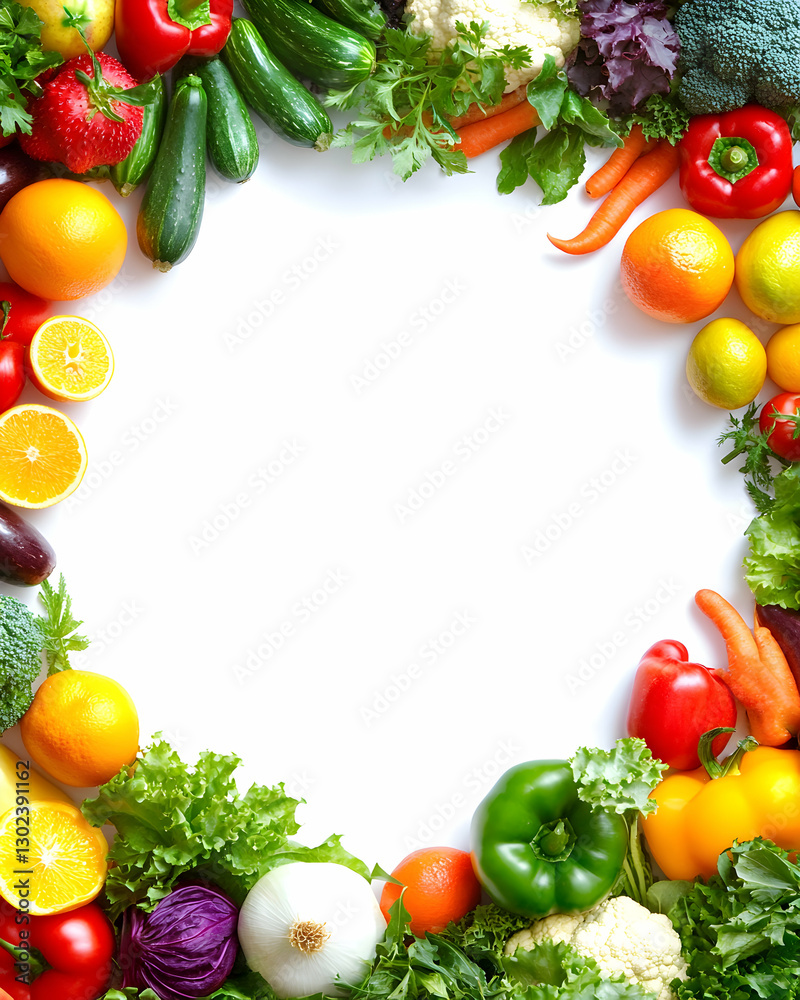 Vibrant Assortment of Fresh Vegetables and Fruits Forming a Colorful Border Around a Blank White Space, Ideal for Food-Related Design and Healthy Eating Concepts Vibrant Assortment of Fresh Vegetables and Fruits Forming a Colorful Border Around a Blank White Space, Ideal for Food-Related Design and Healthy Eating Concepts
