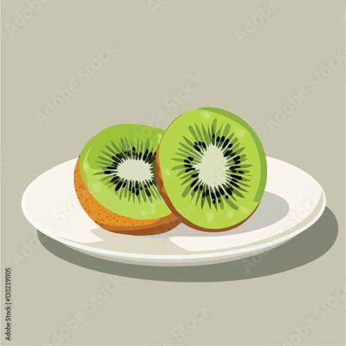 A flat 2D vector of a kiwi sliced in half on a plate.