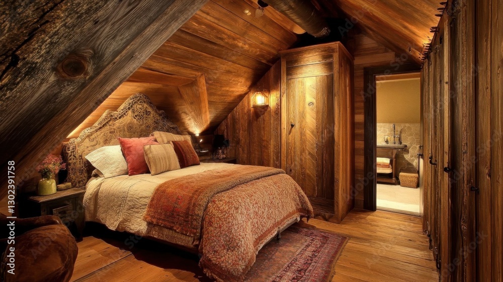 A cozy bedroom interior with wooden walls and rustic details A cozy bedroom interior with wooden walls and rustic details