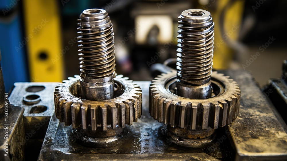 Close-Up of Interlocking Gears with a Focus on Mechanical Details, Soft Directional Lighting, and Blurred Industrial Background, Capturing Precision and Engineering Close-Up of Interlocking Gears with a Focus on Mechanical Details, Soft Directional Lighting, and Blurred Industrial Background, Capturing Precision and Engineering