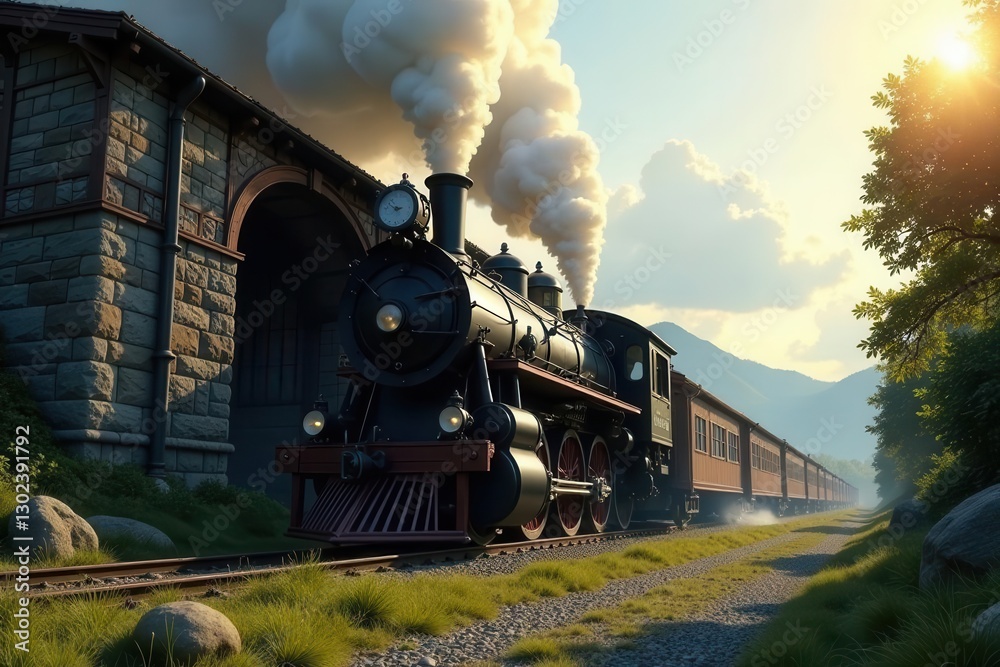 Obraz premium A Majestic Steam Locomotive Exits a Stone Tunnel, Embarking on a Scenic Journey Through Verdant Hills Under a Golden Sunset