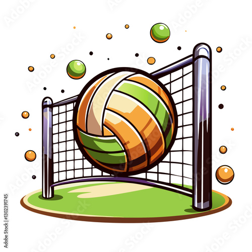 Volleyball in motion over a net on a green field
