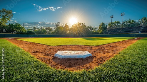  Sunlit high school baseball field with bright white bases neatly arranged. The lush green outfield contrasts beautifully with the carefully groomed infield.