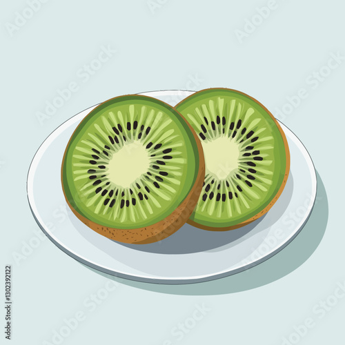 A flat 2D vector of a kiwi sliced in half on a plate.