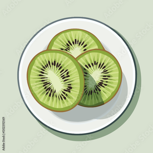 A flat 2D vector of a kiwi sliced in half on a plate.