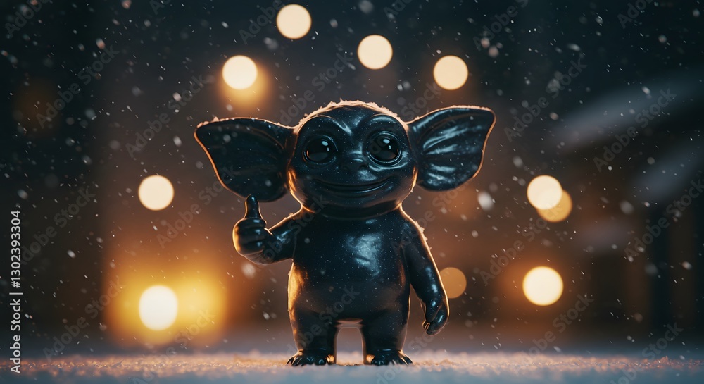 Naklejka premium Charming black figurine of a small creature in a snowy landscape illuminated by blurred lights at night. Generative AI