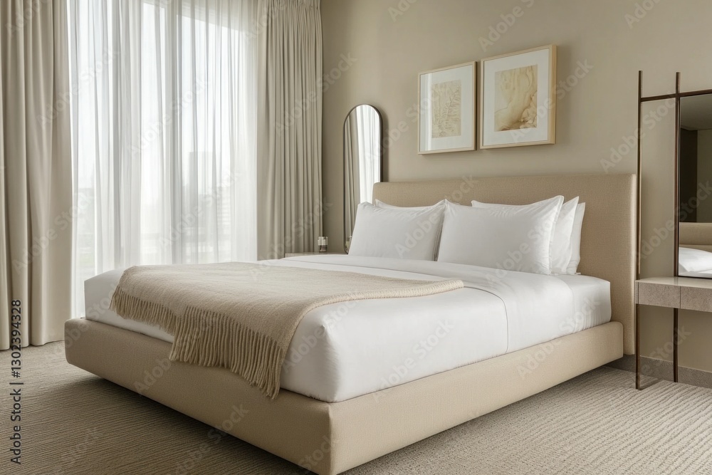 Fototapeta premium Modern beige bedroom with large bed, neutral tones, and natural light.