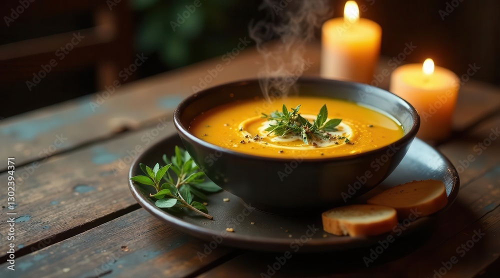 Warm, Aromatic Pumpkin Soup Served in Rustic Bowl with Crusty Bread and Candlelight Ambiance