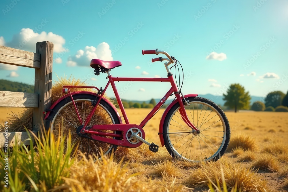 A vibrant red bicycle rests peacefully against a rustic wooden fence, nestled amongst golden hay bales under a bright, sunny sky. A vibrant red bicycle rests peacefully against a rustic wooden fence, nestled amongst golden hay bales under a bright, sunny sky.