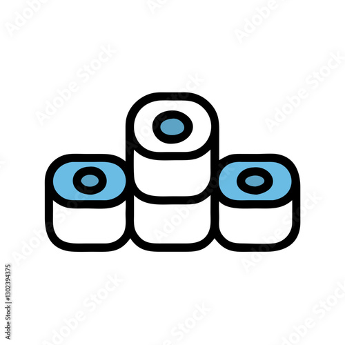 Stacks of cylindrical blue rolls on white background