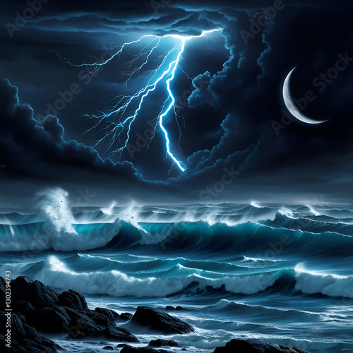 Fierce Ocean Storm: Lightning Strikes Above Raging Waves