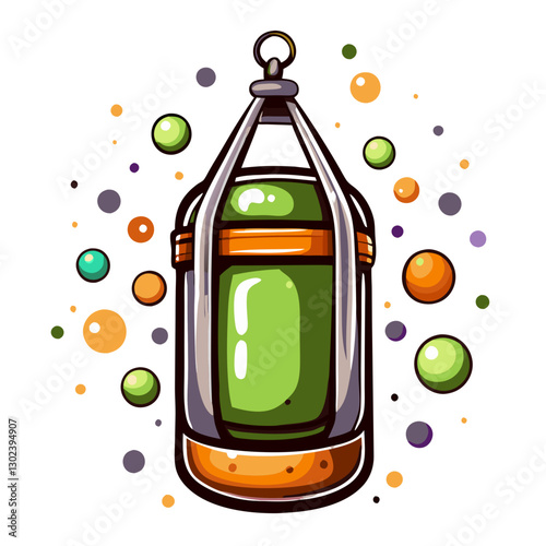 Green punching bag with colorful dots in abstract style
