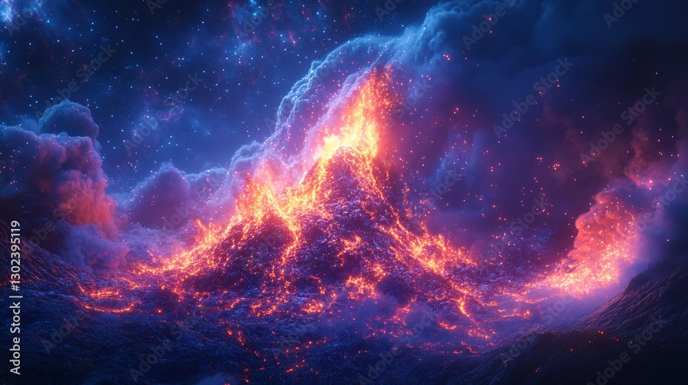 A mystical volcano erupting with neon-colored lava and energy bursts A mystical volcano erupting with neon-colored lava and energy bursts