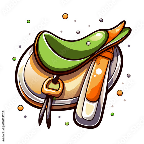Colorful cartoon saddle and stirrups against a playful background