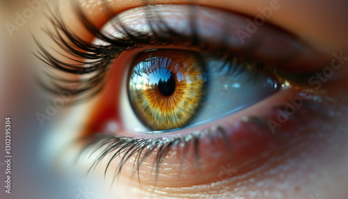 Delicate eyelashes framing captivating hazel eye with vibrant colors
