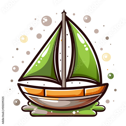 Colorful sailboat with green sails on a light background