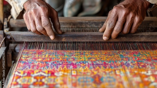  Skilled artisan weaving an intricate textile on a traditional loom, highlighting craftsmanship, cultural heritage, and handmade artistry.