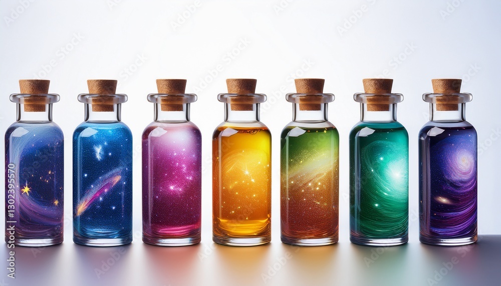 Colorful potion bottles with galaxy-themed liquids 