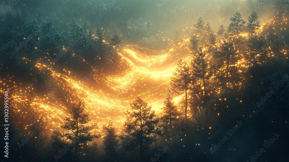 Fototapeta premium A glowing forest with trees emitting soft, pulsing energy waves