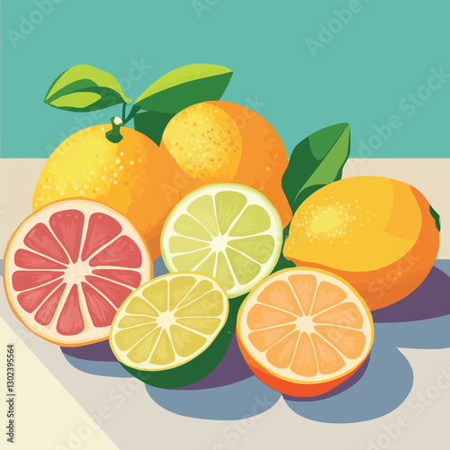 A flat 2D vector of oranges, lemons, and limes on a table.