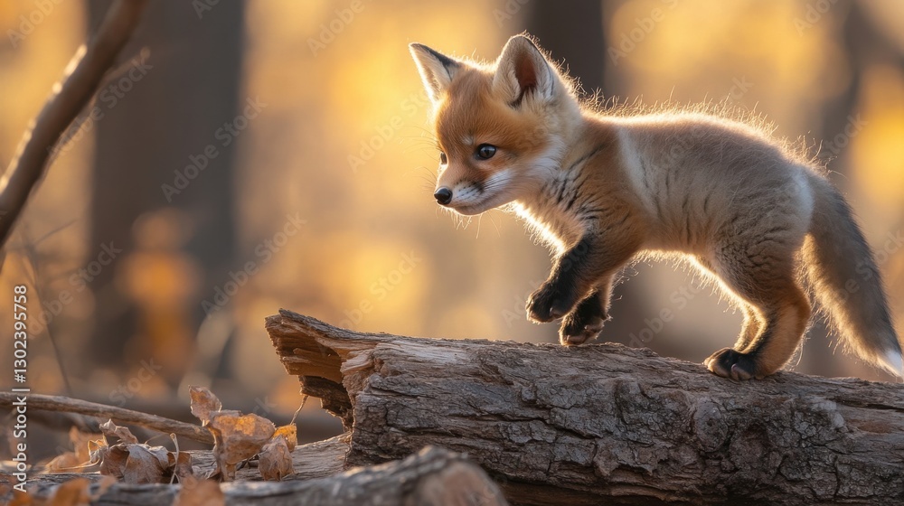 Playful Young FoxBounding Across a Log in Autumn Forest Setting