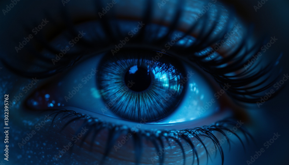Fototapeta premium close up of mesmerizing blue eye with long eyelashes and shimmering details