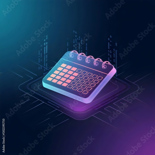 Futuristic glowing calendar icon with gradient background – Perfect for AI technology themes, data-driven scheduling, or innovation-focused content.