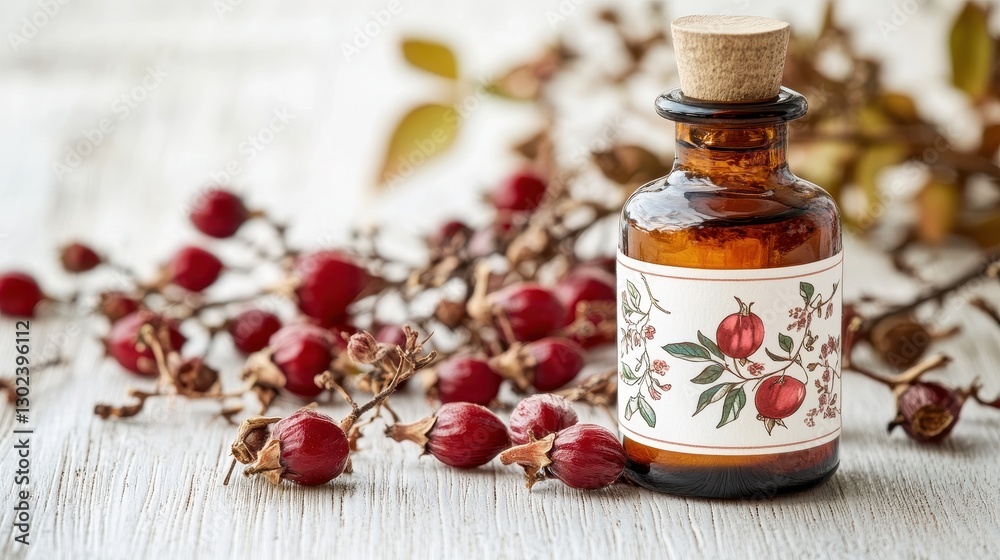 A glass bottle of rosehip extract, its label adorned with a delicate floral pattern, rested beside a scattering of dried rosehips, a testament to the natural beauty and healing power of these A glass bottle of rosehip extract, its label adorned with a delicate floral pattern, rested beside a scattering of dried rosehips, a testament to the natural beauty and healing power of these