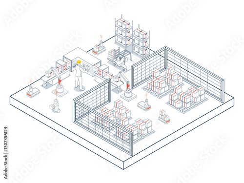 A modern logistics warehouse concept featuring autonomous robots, Industrial Internet of Things IoT and transportation operation services for efficient supply chain and inventory management.