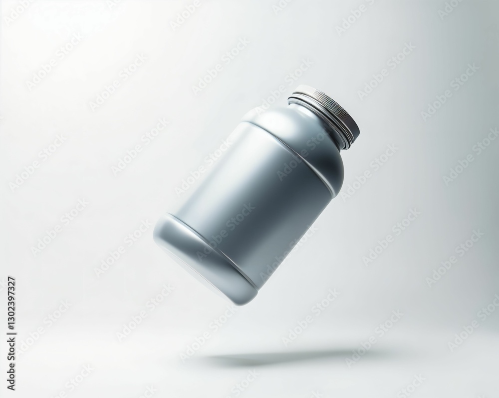 Silver bottle suspended in the air against a soft gradient background showcasing its sleek design Silver bottle suspended in the air against a soft gradient background showcasing its sleek design