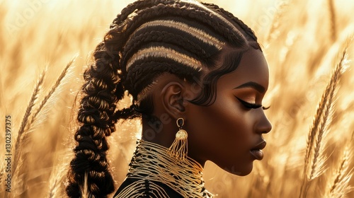 A masterpiece of hair art, where intricate braids, woven with threads of golden and ebony strands, danced and shimmered in the soft embrace of sunlight, showcasing nature is artistry at its finest.