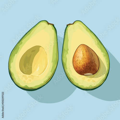 A flat 2D vector illustration of a halved avocado with a pit in the center.