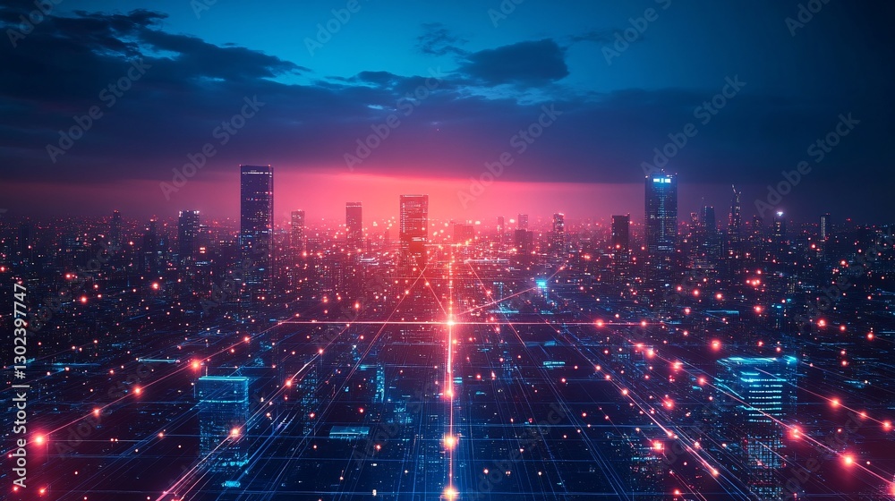 A cyberpunk city skyline with glowing digital energy networks A cyberpunk city skyline with glowing digital energy networks