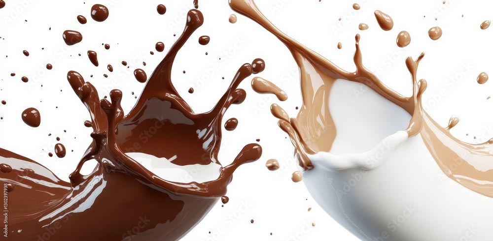 Dynamic Splash of Brown and White Liquid Forming Artistic Patterns in Mid-Air Against a Crisp White Background Dynamic Splash of Brown and White Liquid Forming Artistic Patterns in Mid-Air Against a Crisp White Background